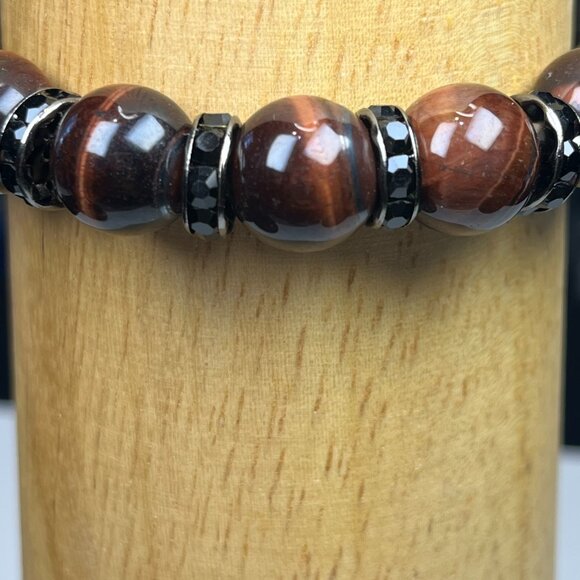 Men's Matt Onyx and Tigers Eye Stretch Beaded Bracelet - Picture 5 of 9